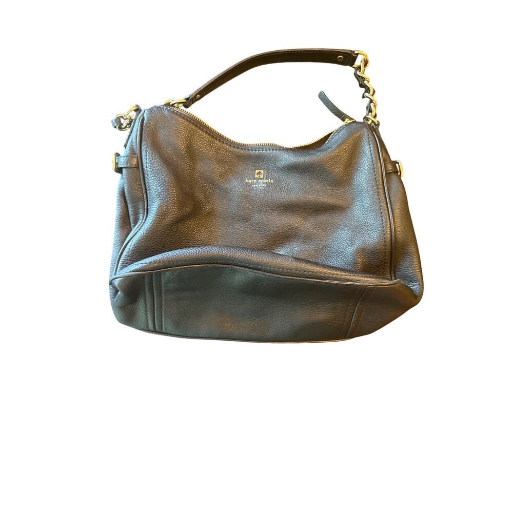 Kate Spade New York Black Leather Shoulder Bag With Gold Chain & Zipper Closure